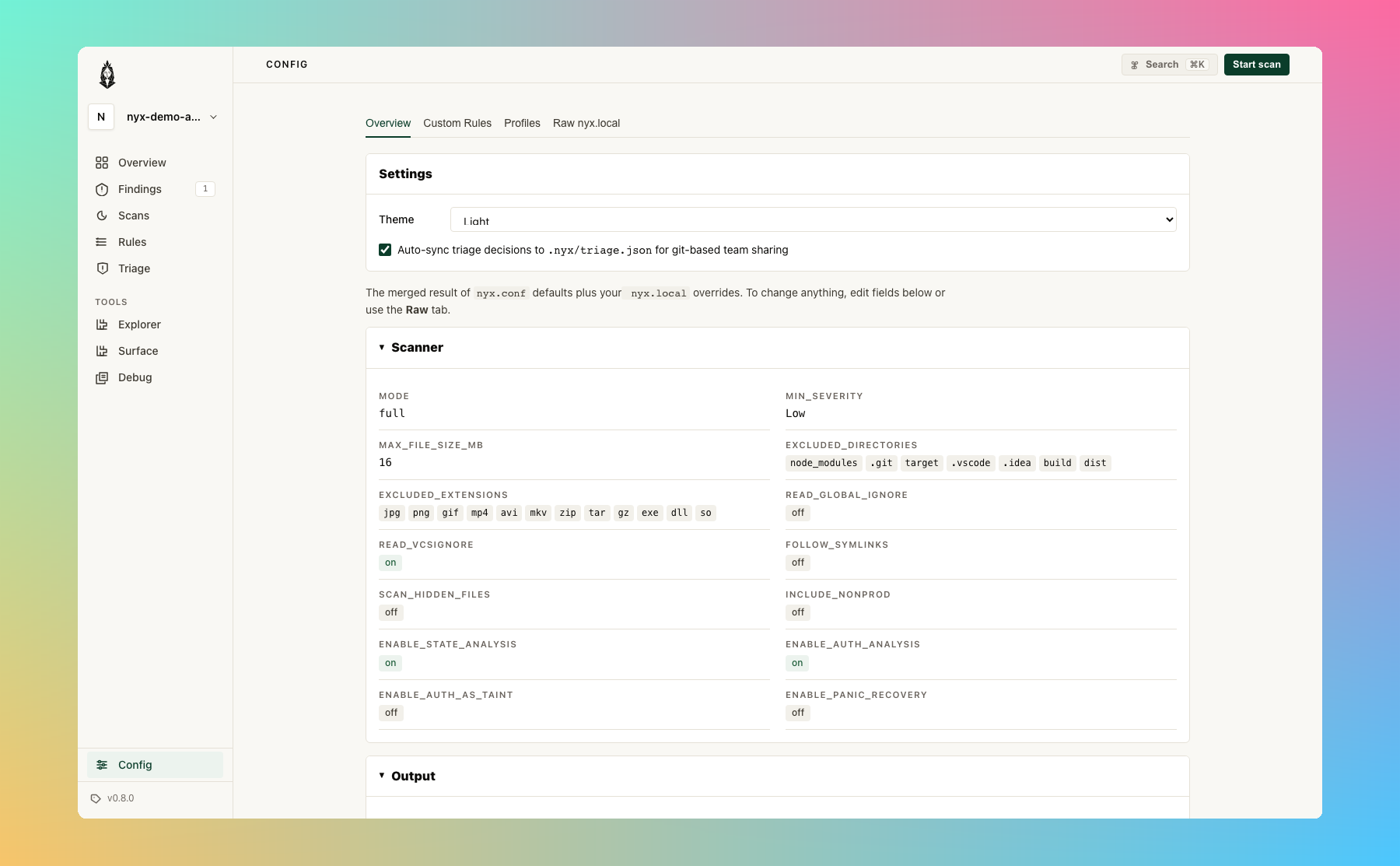 Nyx config page: General settings, Triage Sync toggle, Sources panel with language/matcher/capability dropdowns and a per-language matcher table