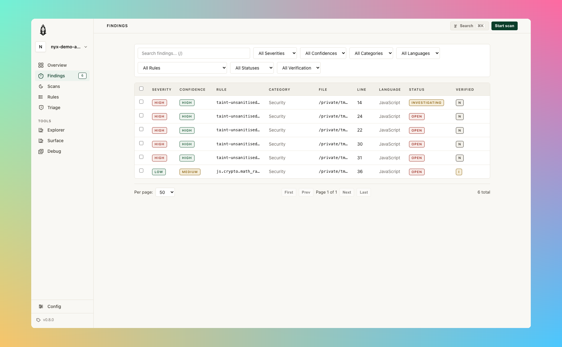 Nyx findings list: 13 findings filtered by severity/confidence/rule, with status badges, file paths, and language tags
