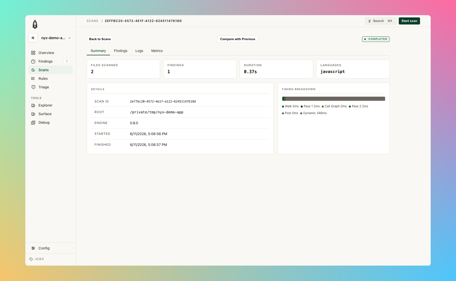 Nyx scan detail: Summary tab with files scanned, findings, duration, languages; Details panel with Scan ID, Root, Engine version, started/finished timestamps; Timing breakdown bar showing Walk/Pass 1/Call Graph/Pass 2/Post