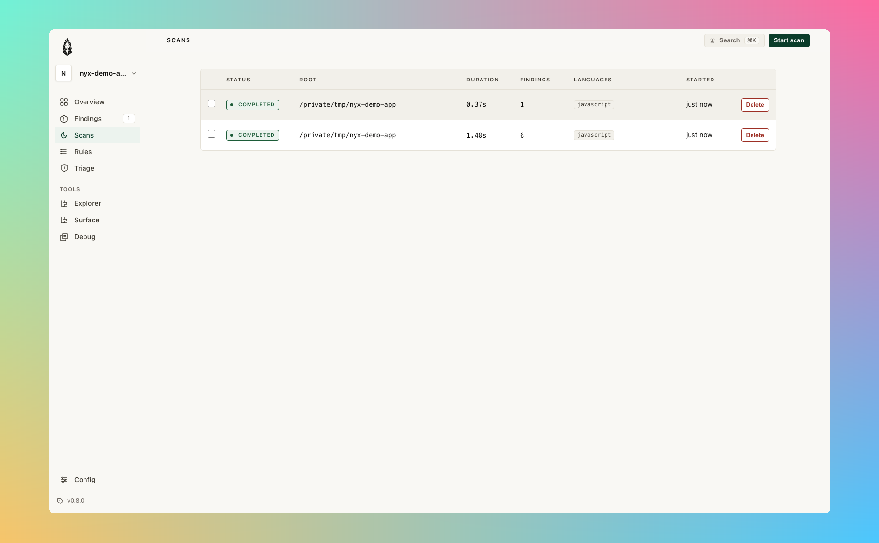 Nyx scans list: completed scan run with root, duration, finding count, languages, and started timestamp