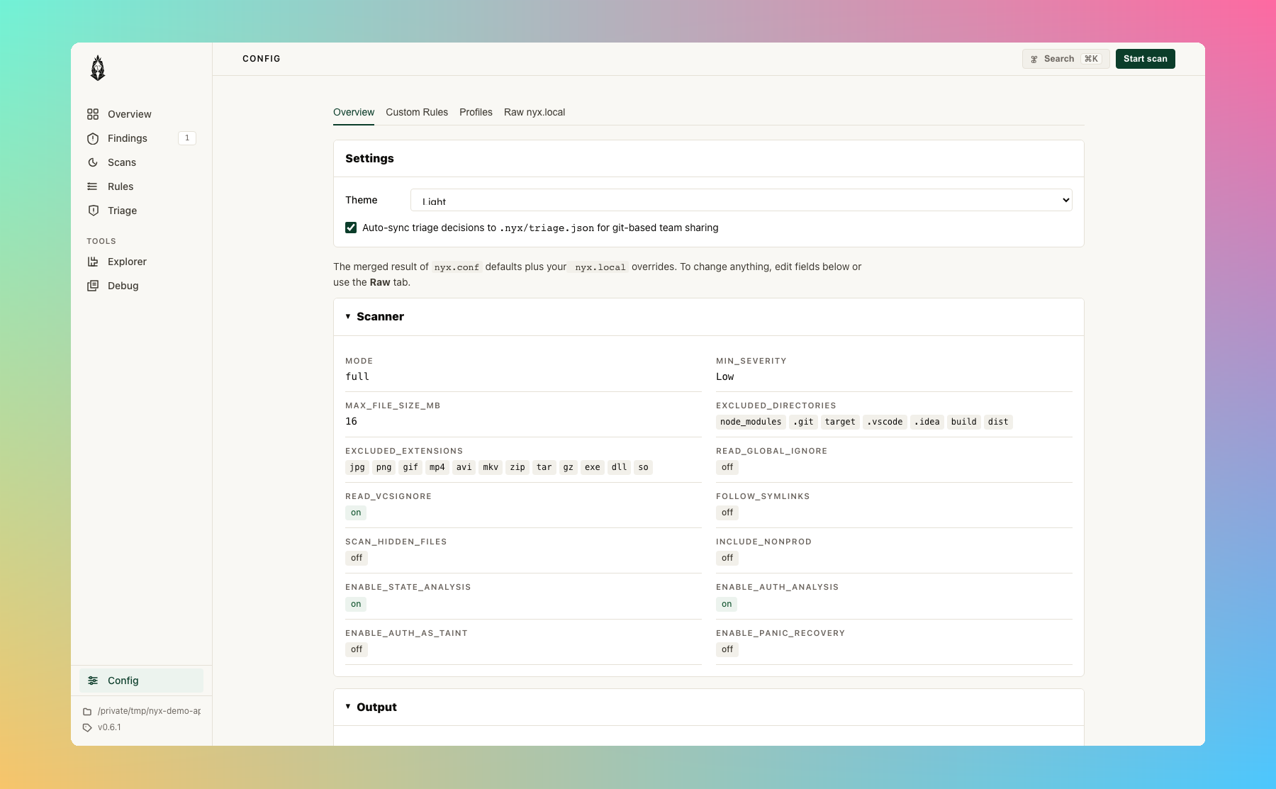 Nyx config page: General settings, Triage Sync toggle, Sources panel with language/matcher/capability dropdowns and a per-language matcher table