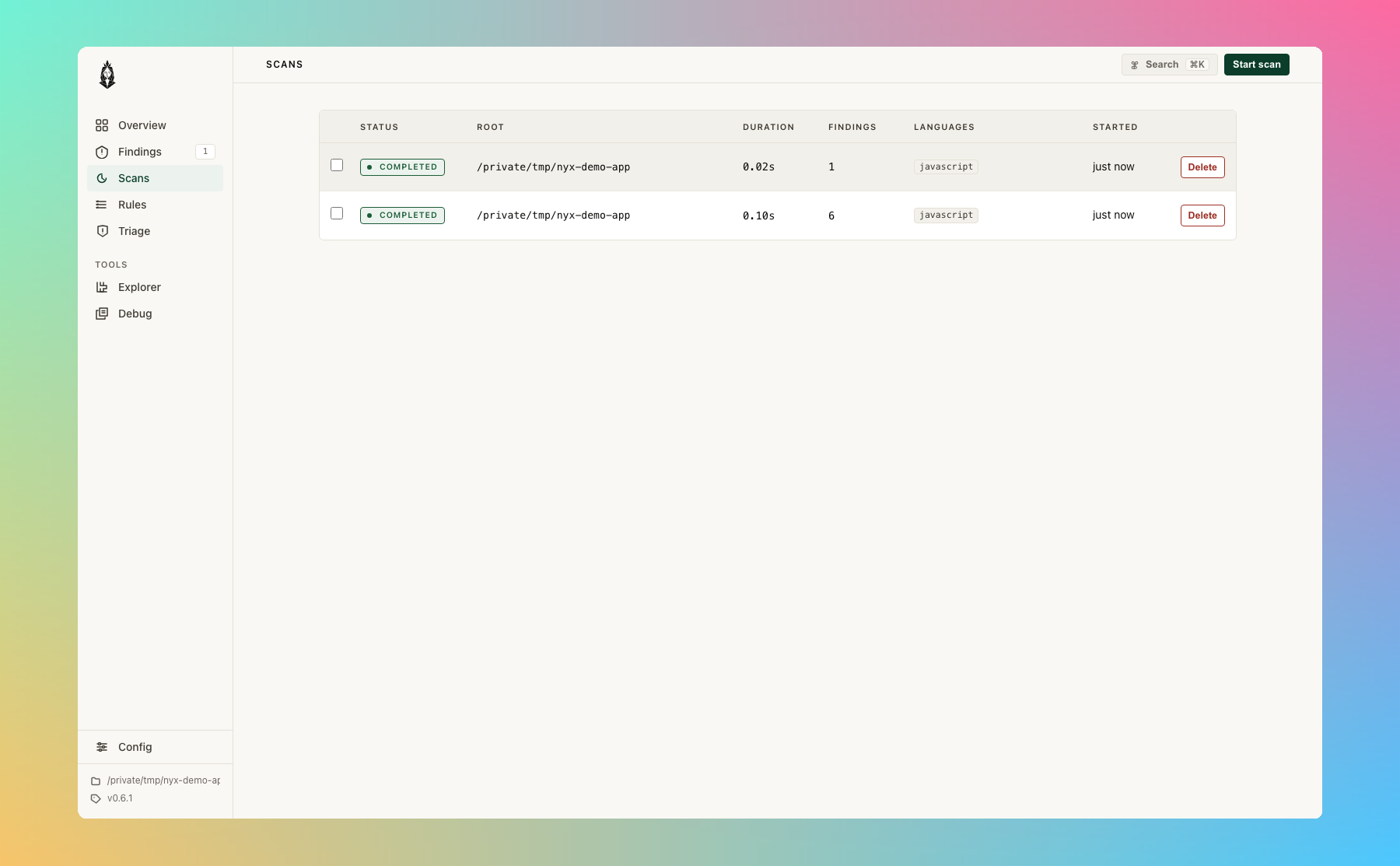 Nyx scans list: completed scan run with root, duration, finding count, languages, and started timestamp